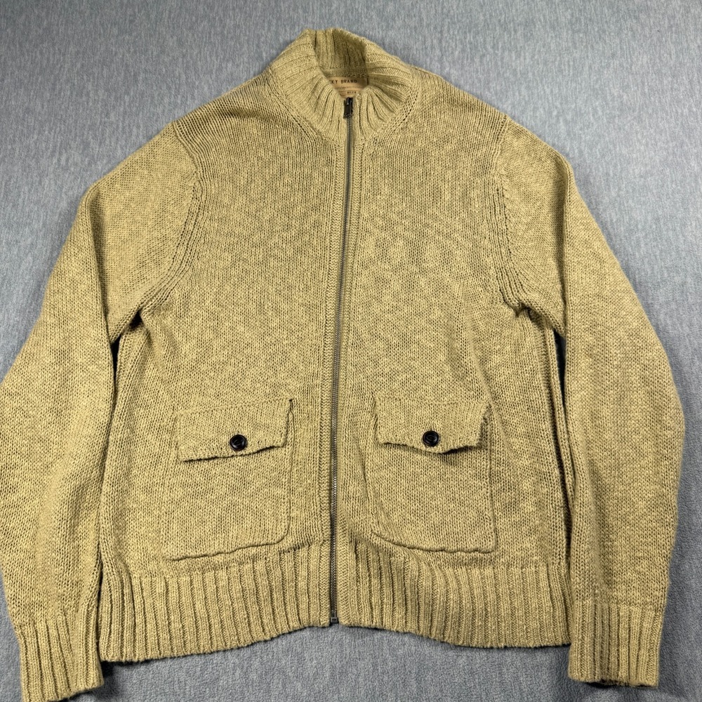 Lucky Brand Sweater Mens XL Tan Full Zip Mock Neck Knit Cardigan Pockets
